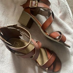 brown staple heeled sandals
